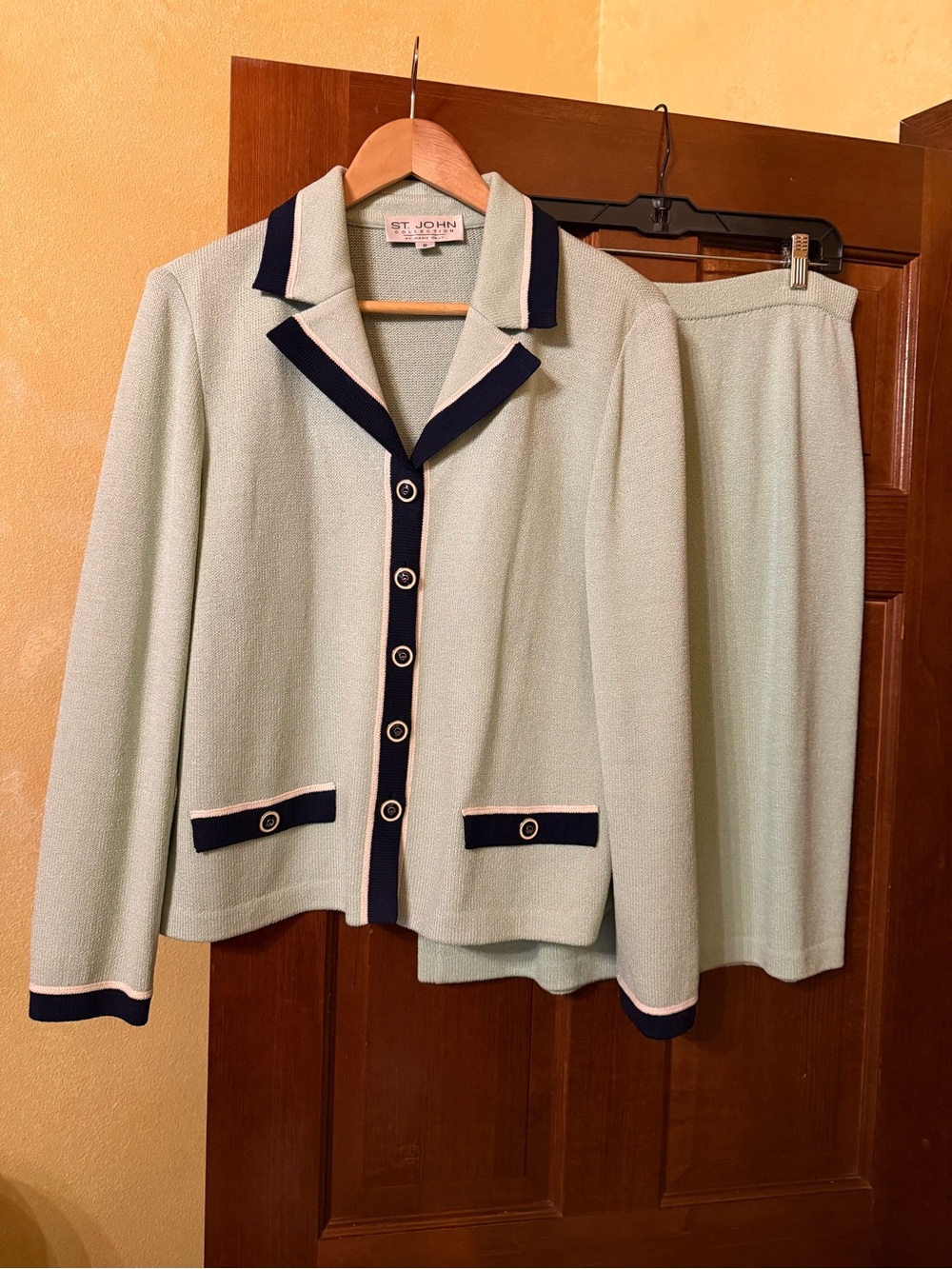 St. John Santana Mint Green Knit Blazer and Skirt Suit with Navy Trim & Buttons